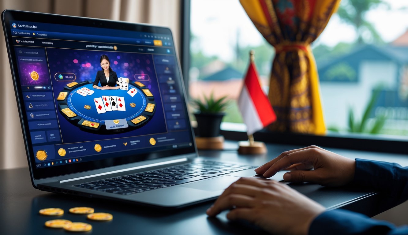 Seseorang bermain poker online di depan komputer dengan latar belakang elemen budaya Indonesia.