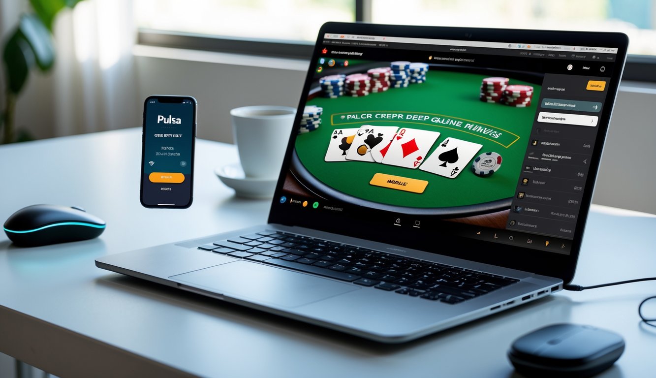 Seorang pengguna sedang melakukan deposit pulsa untuk bermain poker online dengan laptop dan ponsel di meja kerja.