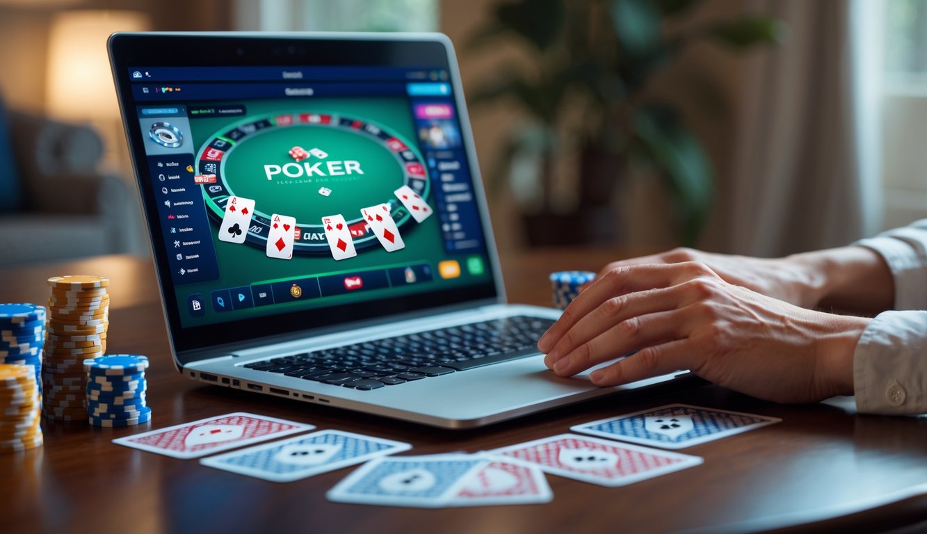 Seseorang bermain poker online di depan laptop dengan chip dan kartu poker di atas meja kayu.