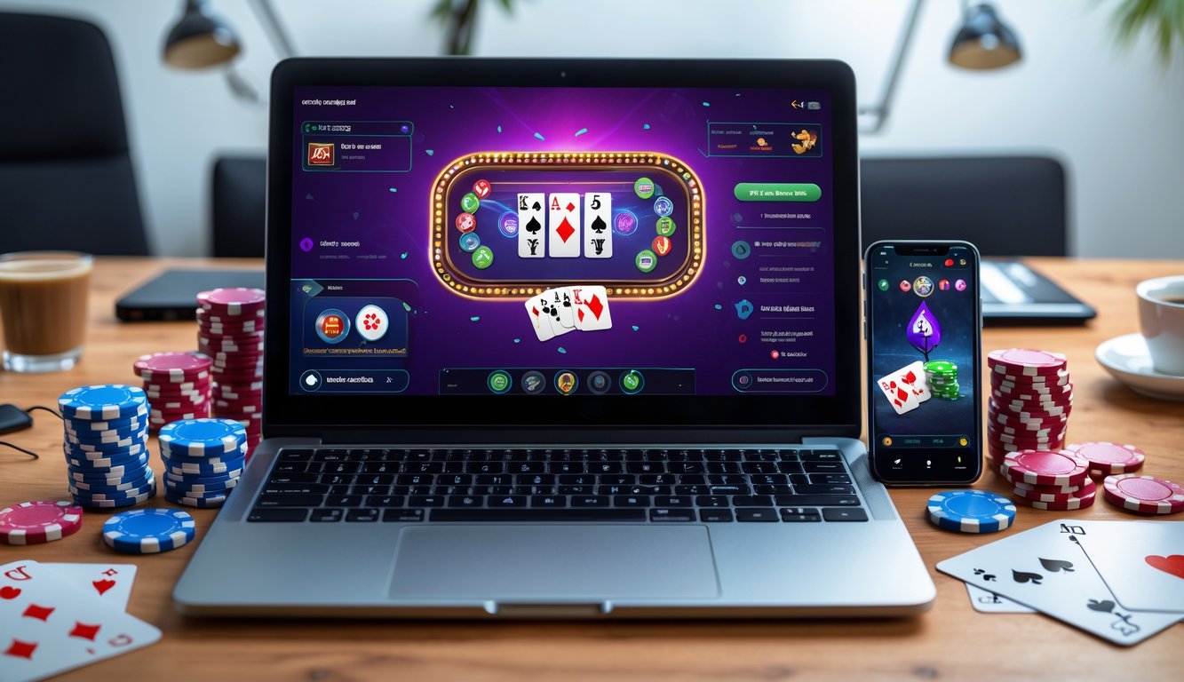 Seseorang bermain poker online menggunakan laptop dengan chip poker dan kartu di meja.