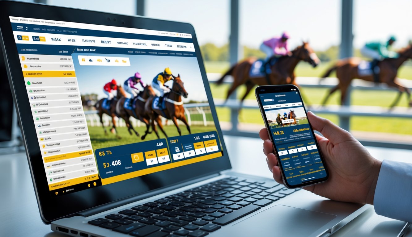 Seseorang menggunakan komputer dan ponsel untuk memasang taruhan balap kuda online dengan latar belakang balapan kuda yang sedang berlangsung.