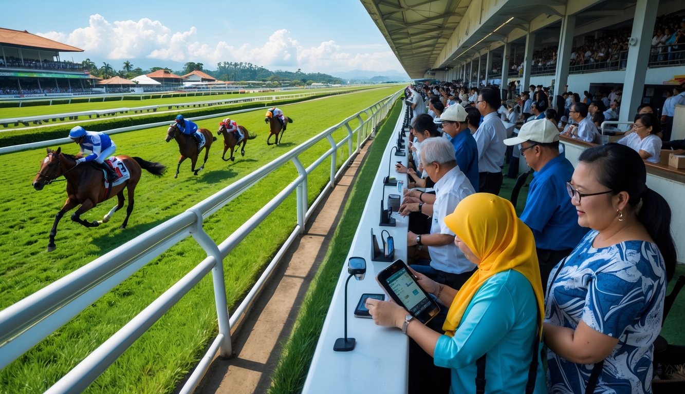Orang-orang sedang bertaruh pada balapan kuda resmi di lintasan balap dengan kuda dan joki yang sedang berlari cepat.