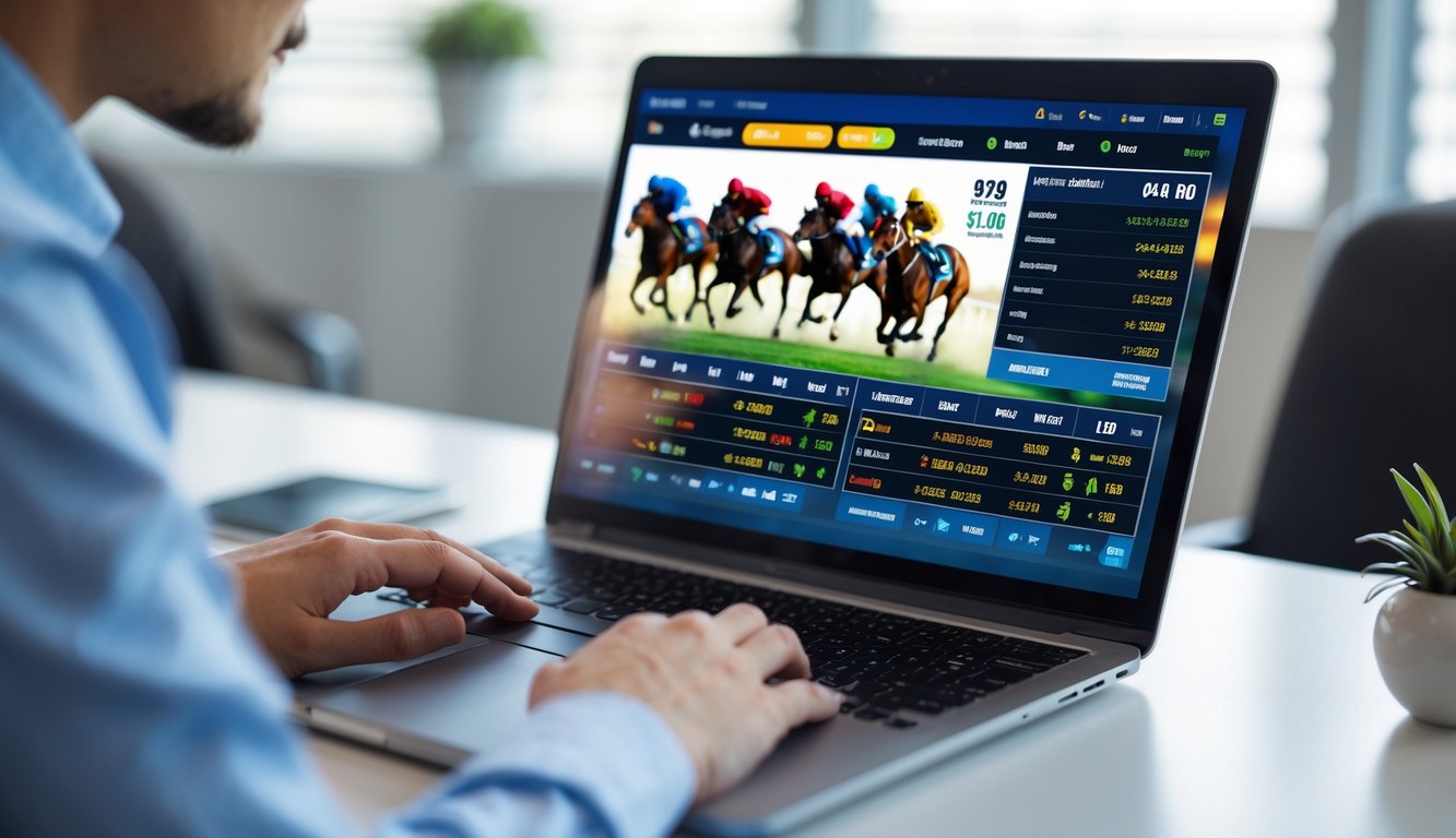 Seseorang sedang menggunakan komputer untuk bertaruh pada pacuan kuda online dengan peluang menang besar.