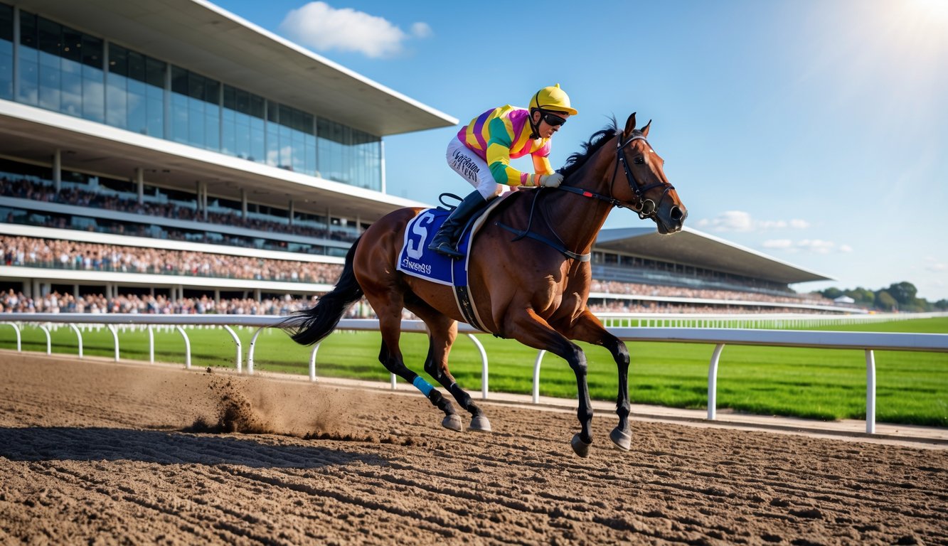 Adegan balap kuda dengan joki mengenakan pakaian balap berwarna-warni mengendarai kuda di lintasan dengan tribun penonton dan langit cerah.