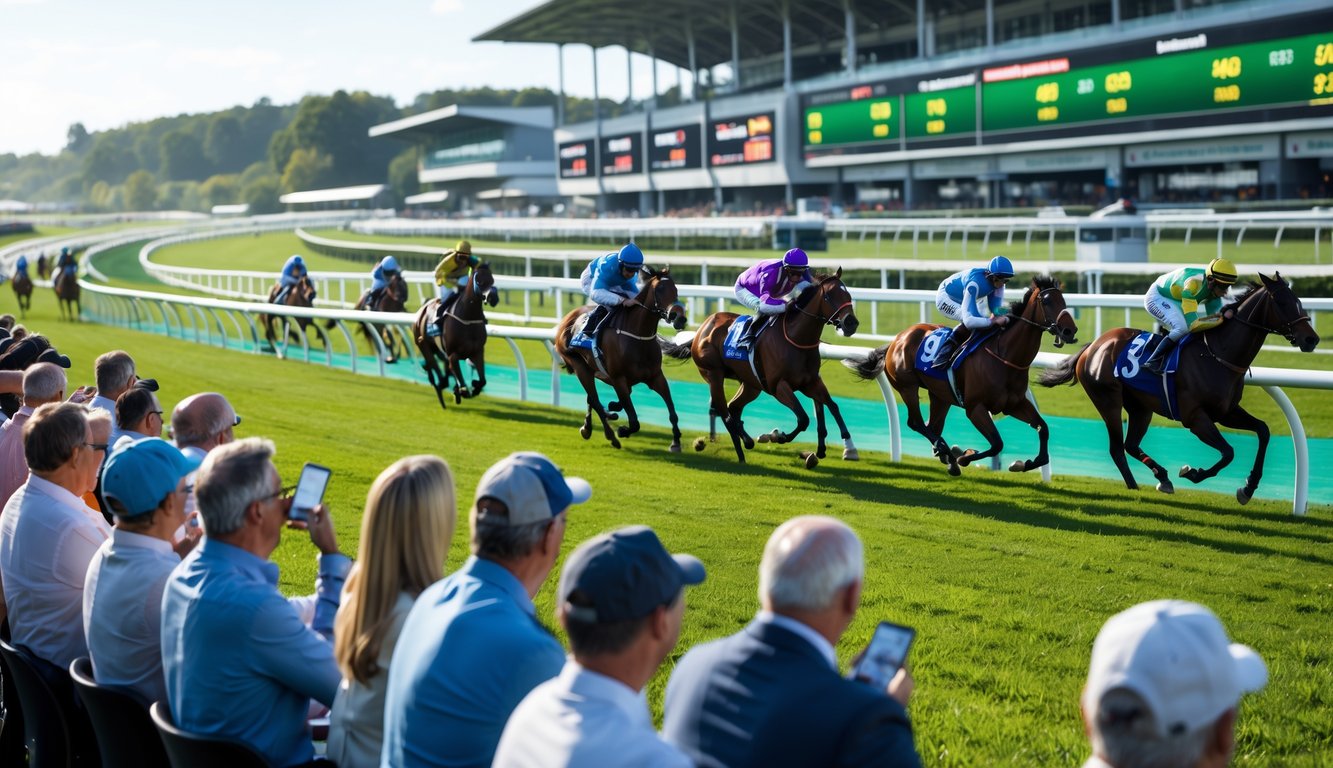 Lomba pacuan kuda dengan beberapa kuda dan joki sedang berlari, serta orang-orang yang sedang memasang taruhan di pinggir lintasan.