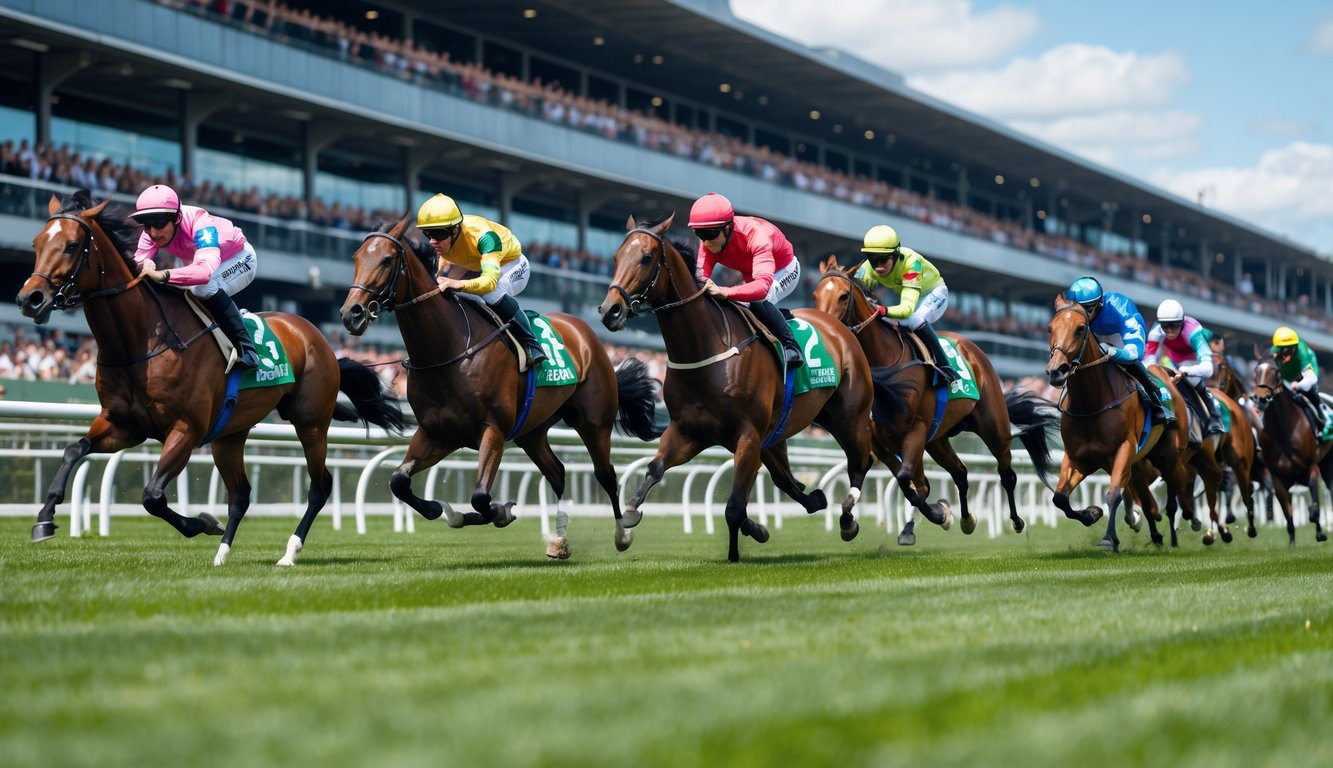 Adegan balap kuda dengan beberapa kuda dan joki sedang berlari cepat di lintasan balap dengan penonton di latar belakang.