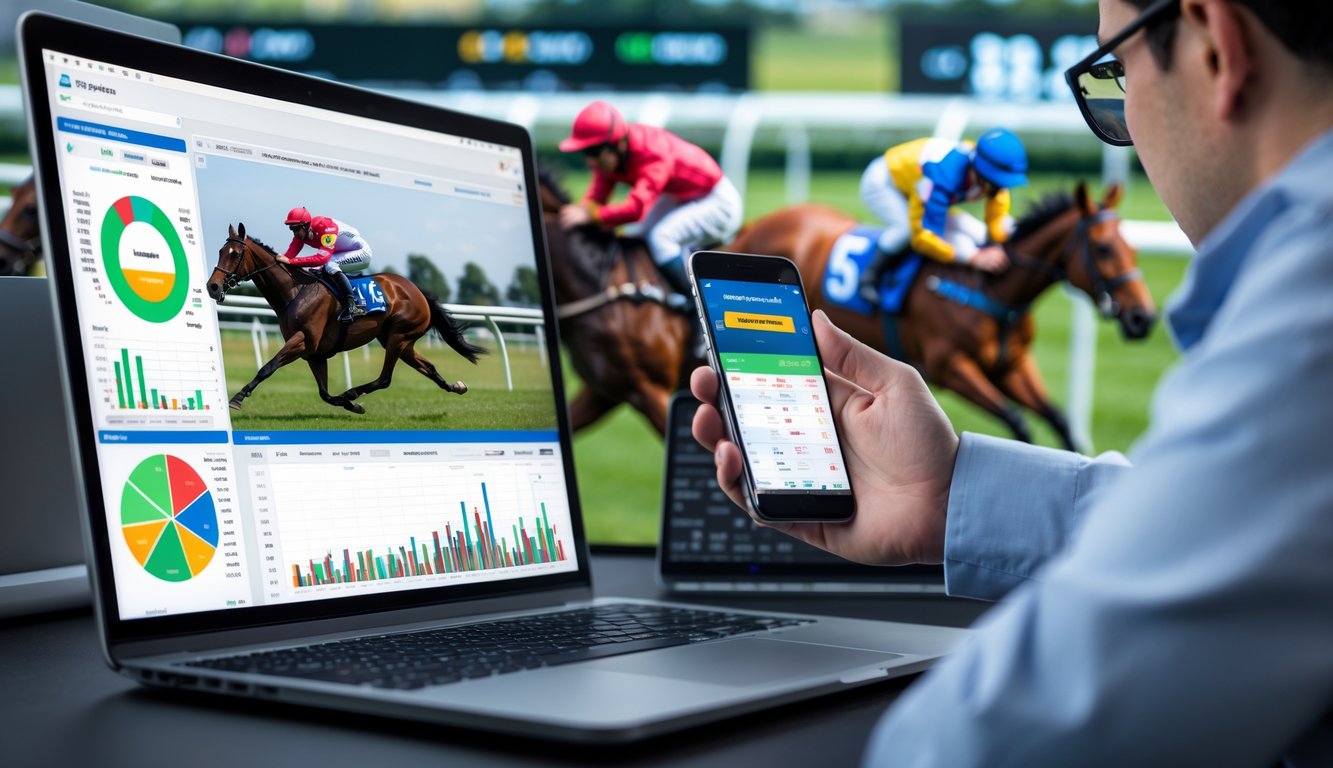 Seseorang sedang menganalisis data balap kuda secara online dengan laptop dan ponsel di meja kerja modern.