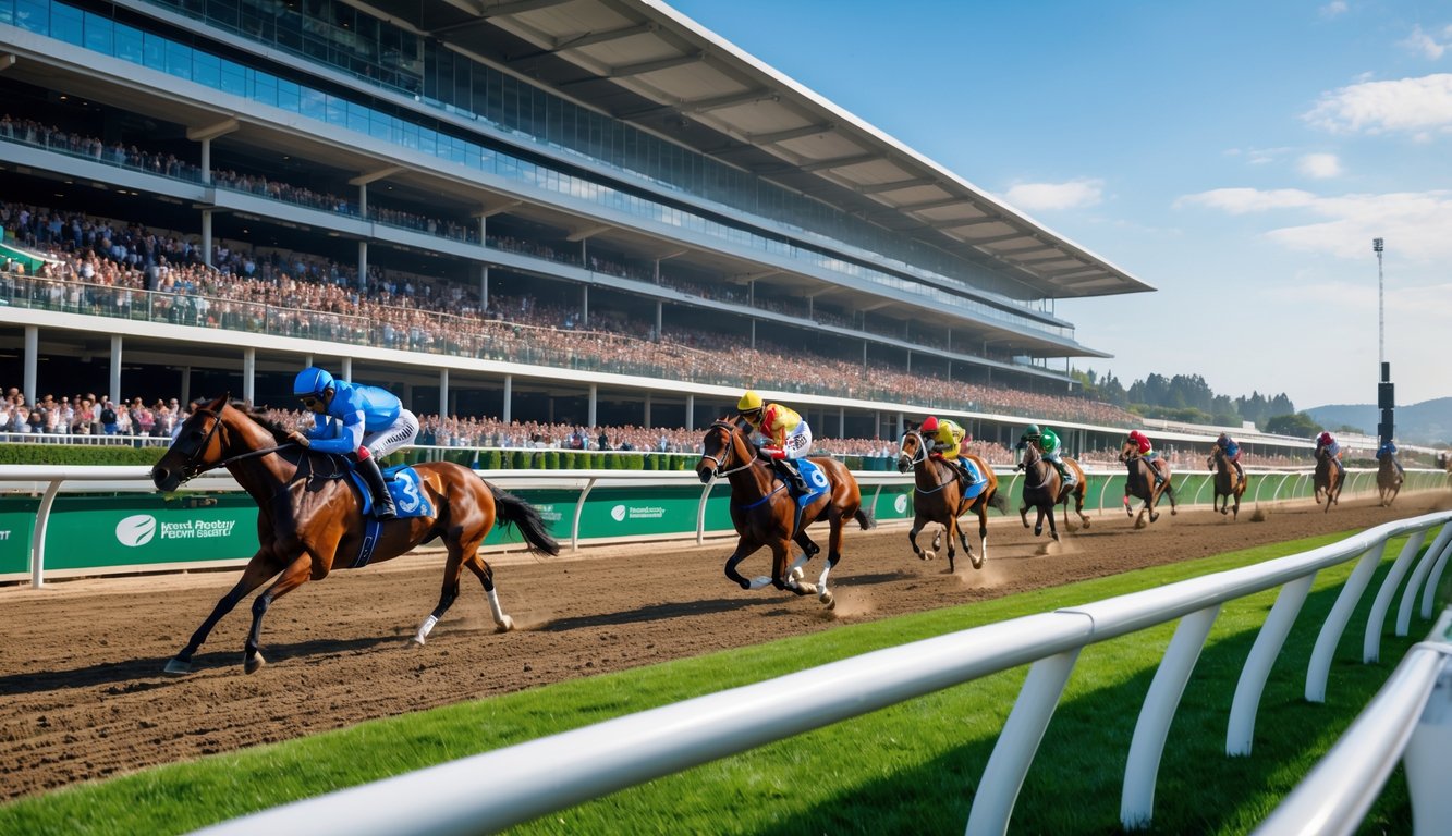 Balapan kuda internasional dengan kuda berlari cepat di lintasan dan penonton di tribun.