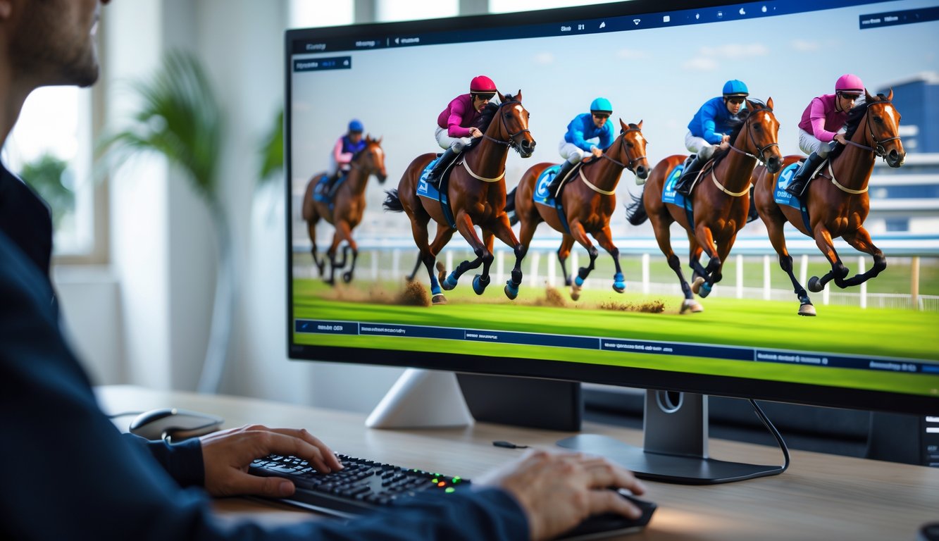 Seseorang bermain game balap kuda online dengan tampilan balapan kuda di layar komputer di ruang kerja modern.