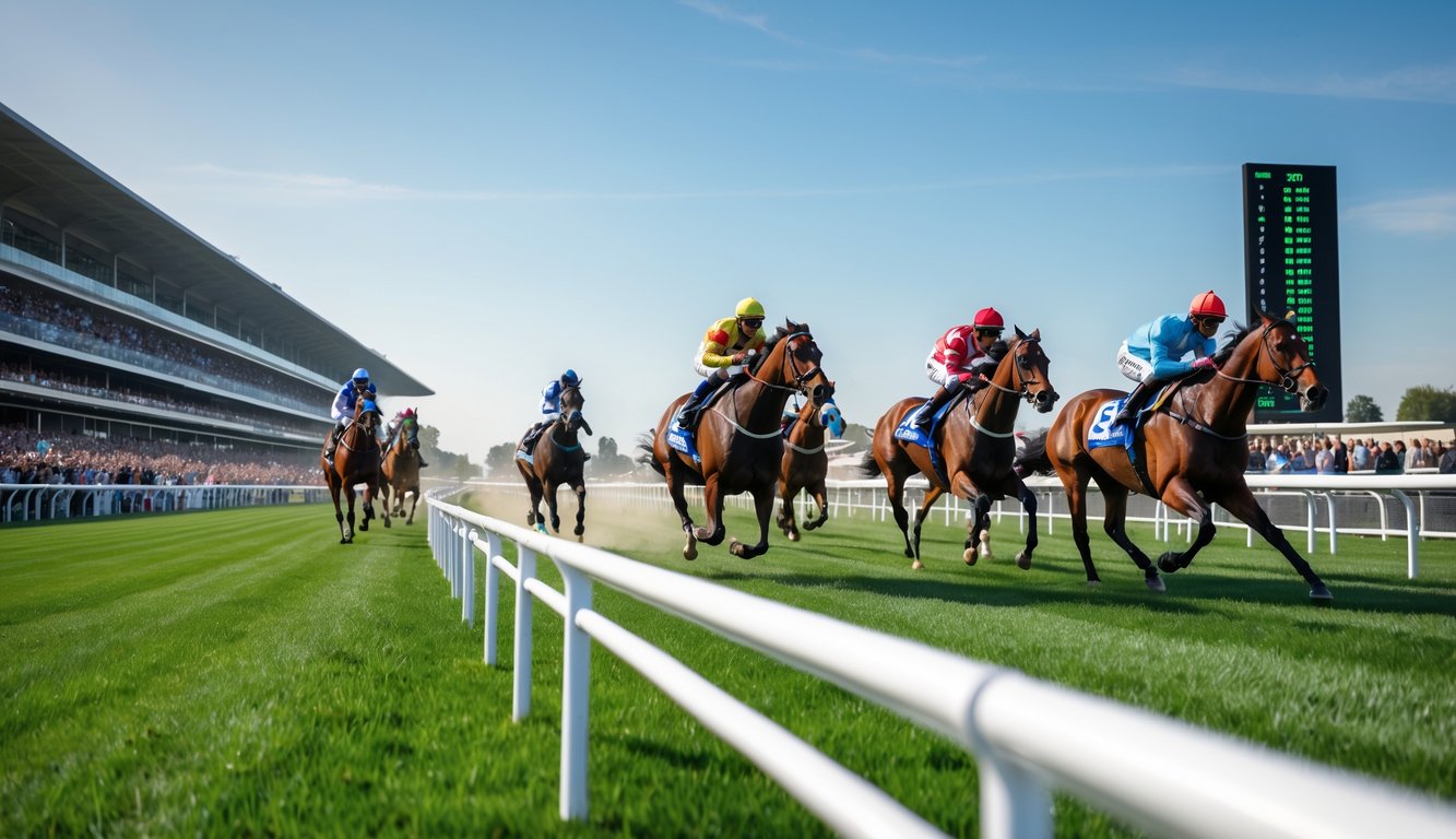 Beberapa kuda pacu sedang berlari cepat di lintasan balap dengan joki mengenakan seragam warna-warni dan penonton ramai di tribun.