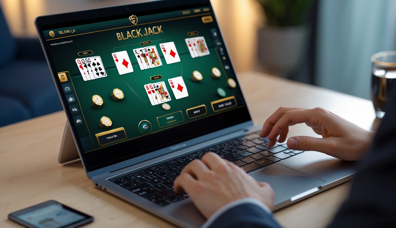 Seseorang menggunakan komputer dengan permainan blackjack online yang terlihat di layar dalam suasana yang profesional dan terpercaya.