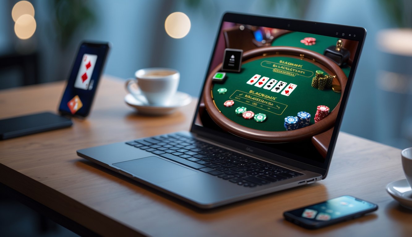 Seorang pemain sedang bermain blackjack online menggunakan laptop di atas meja kerja dengan suasana yang nyaman.