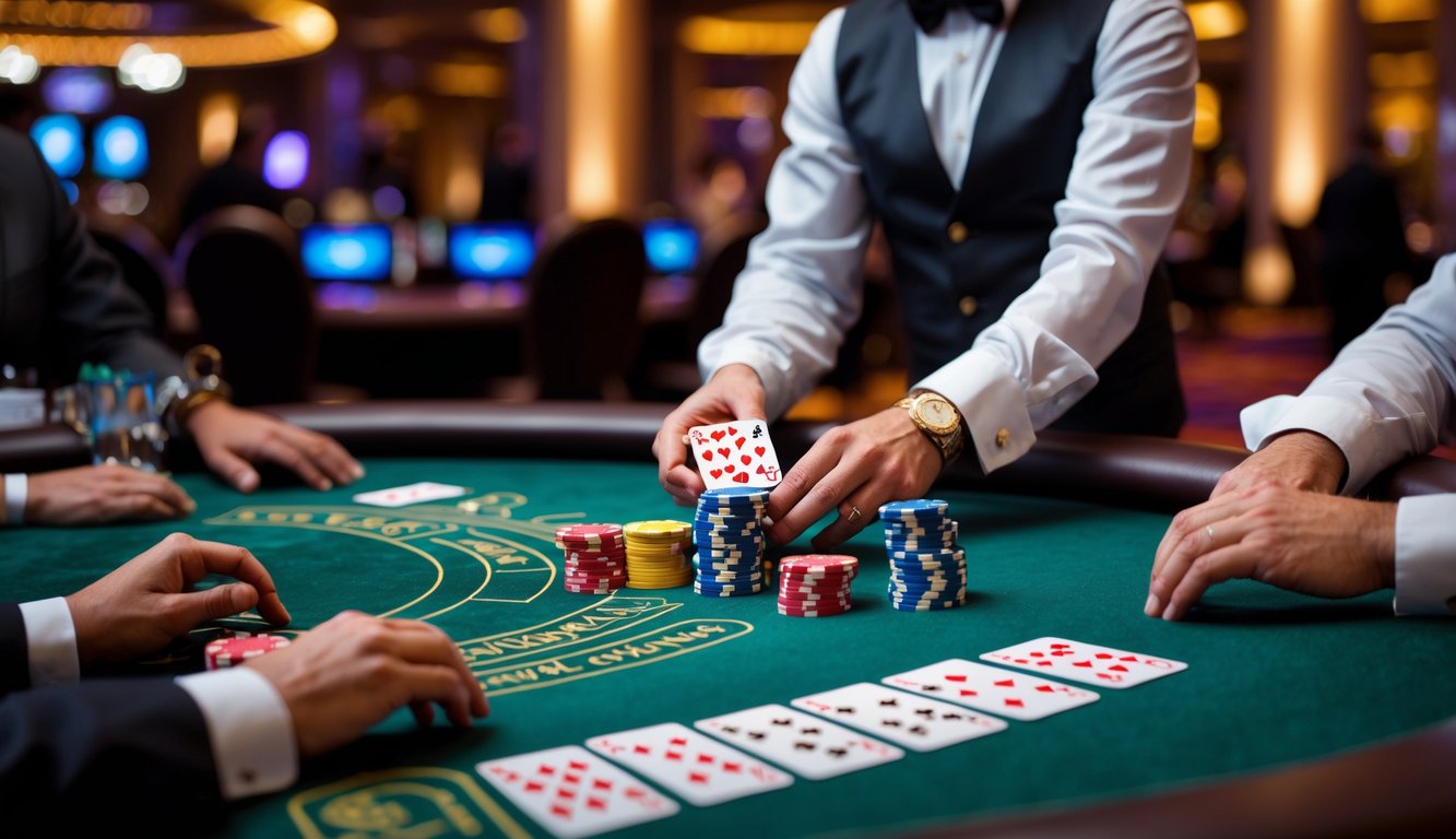 Meja blackjack di kasino dengan kartu dan chip poker, dealer sedang membagikan kartu kepada pemain.