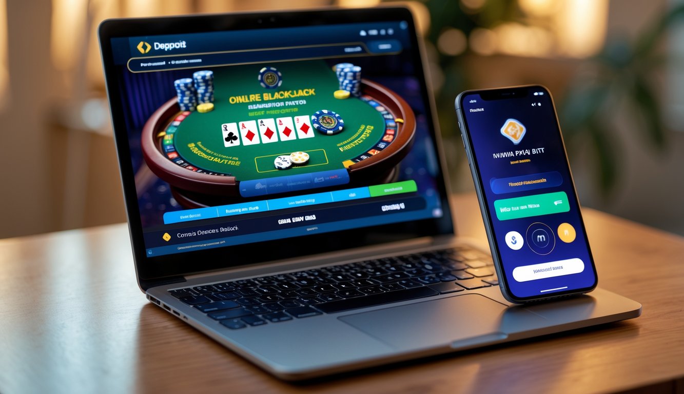 Seorang pria menggunakan laptop dan ponsel untuk melakukan deposit pulsa pada permainan blackjack online di meja kerja.