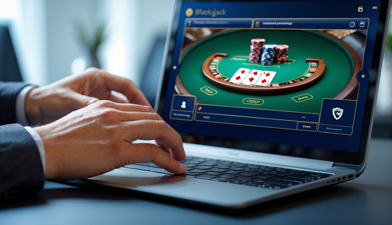 Seorang pengguna sedang bermain blackjack online di komputer dengan tampilan meja blackjack digital dan chip di layar.