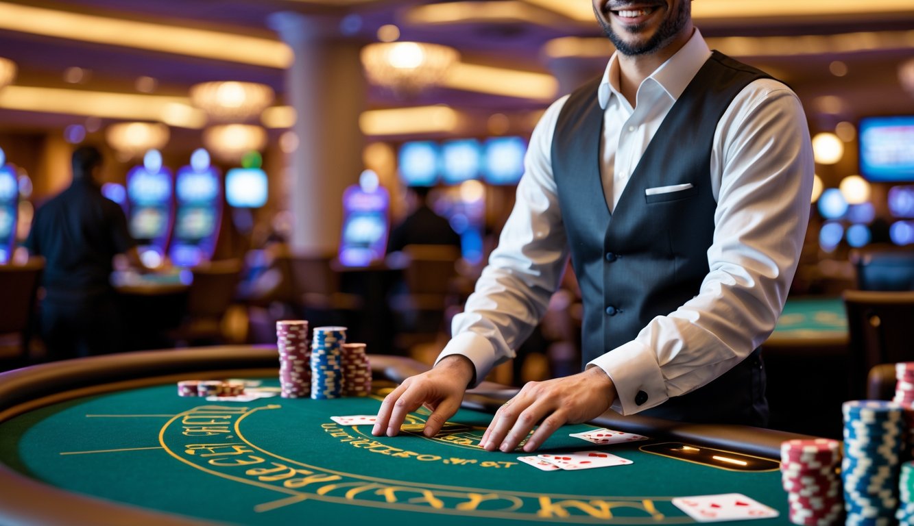 Seorang dealer blackjack langsung yang mengenakan pakaian formal sedang membagikan kartu di meja hijau di dalam kasino.