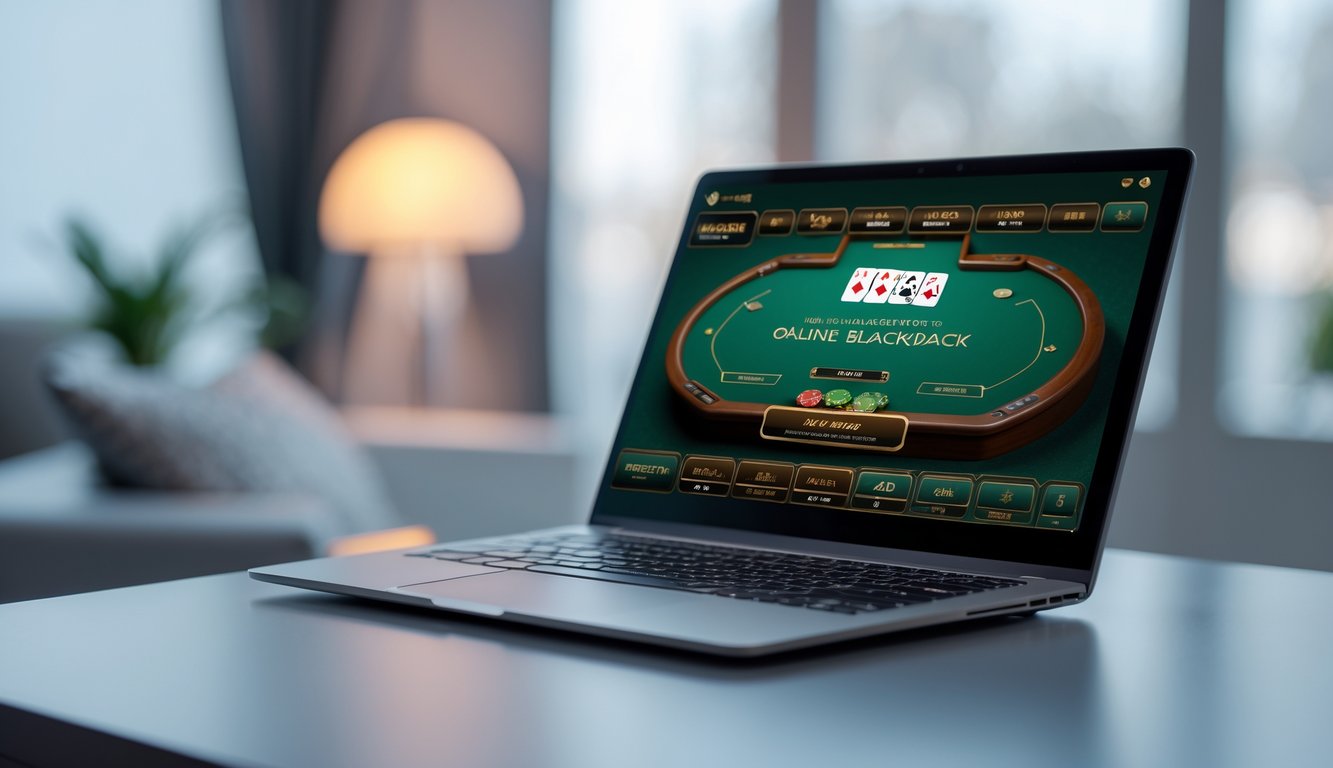 Sebuah laptop menampilkan permainan blackjack online dengan kartu dan chip di atas meja yang rapi.