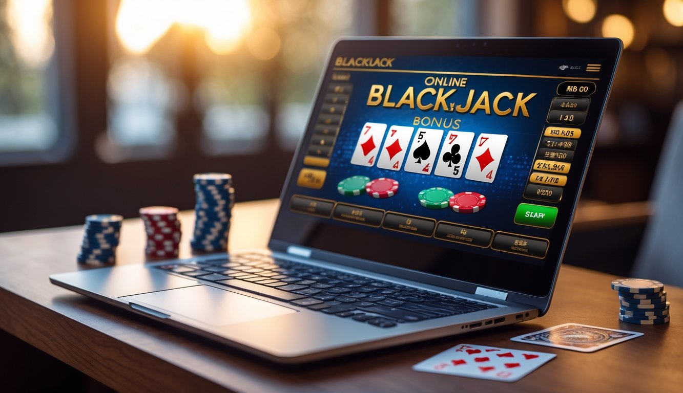 Laptop menampilkan permainan blackjack online dengan kartu dan chip di atas meja kayu, suasana terang dan fokus pada layar.