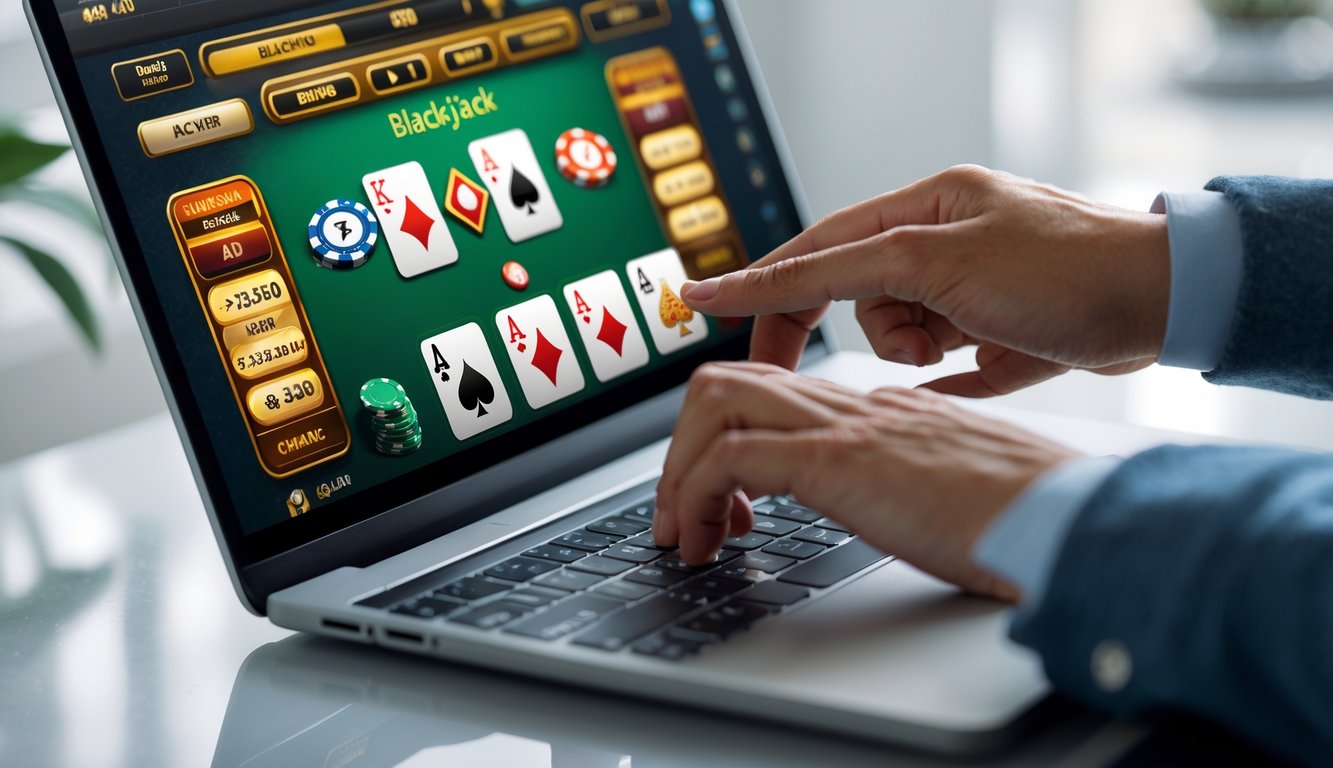 Seseorang bermain game blackjack online di komputer dengan tampilan kartu dan chip di layar.