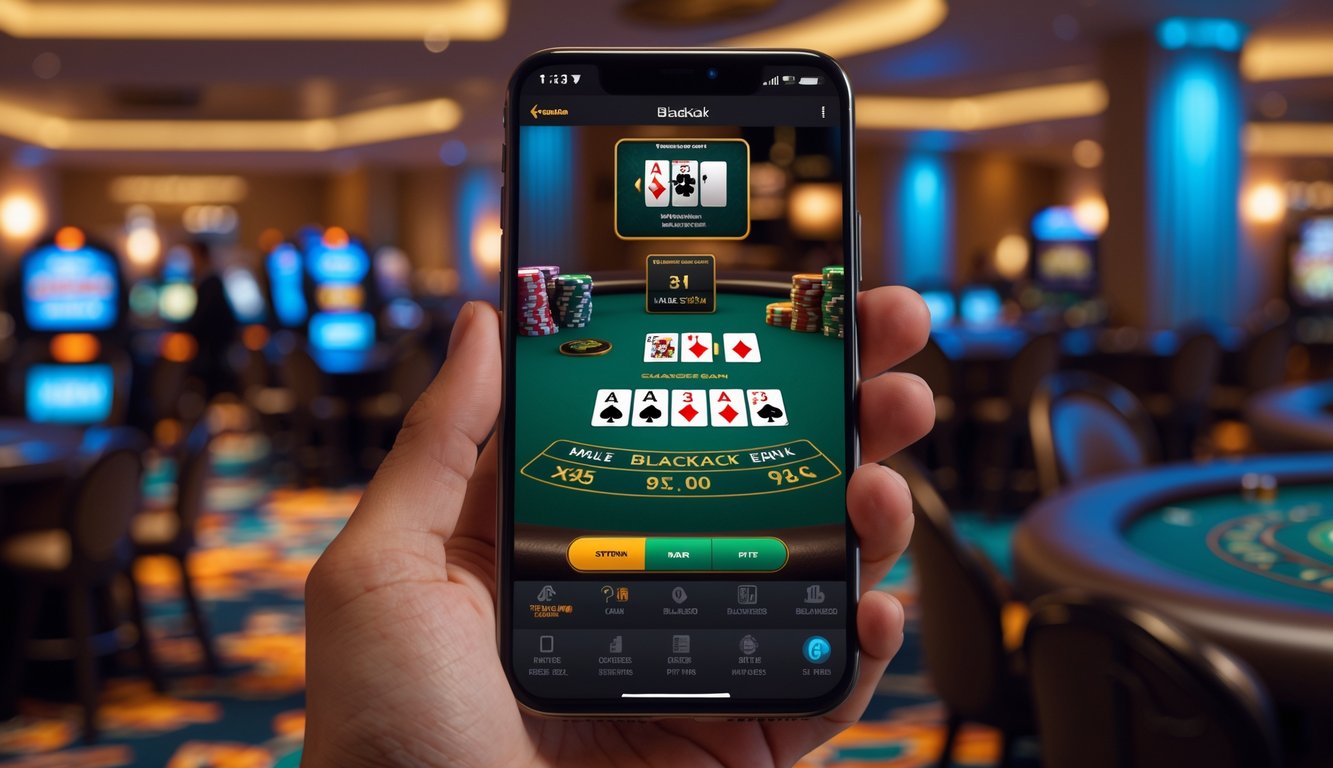 Seseorang memegang ponsel yang menampilkan permainan blackjack mobile dengan latar belakang kasino yang samar.