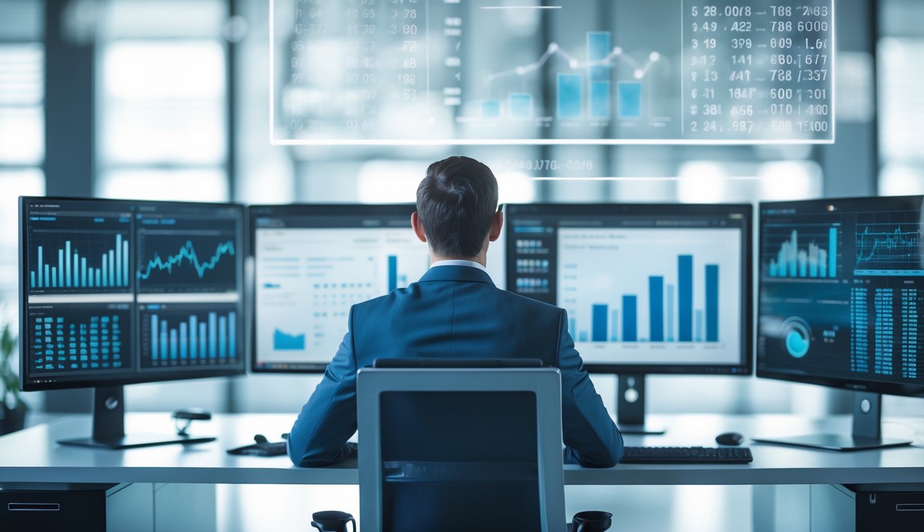 Seorang profesional sedang bekerja dengan komputer yang menampilkan grafik dan data prediksi di ruang kantor modern.
