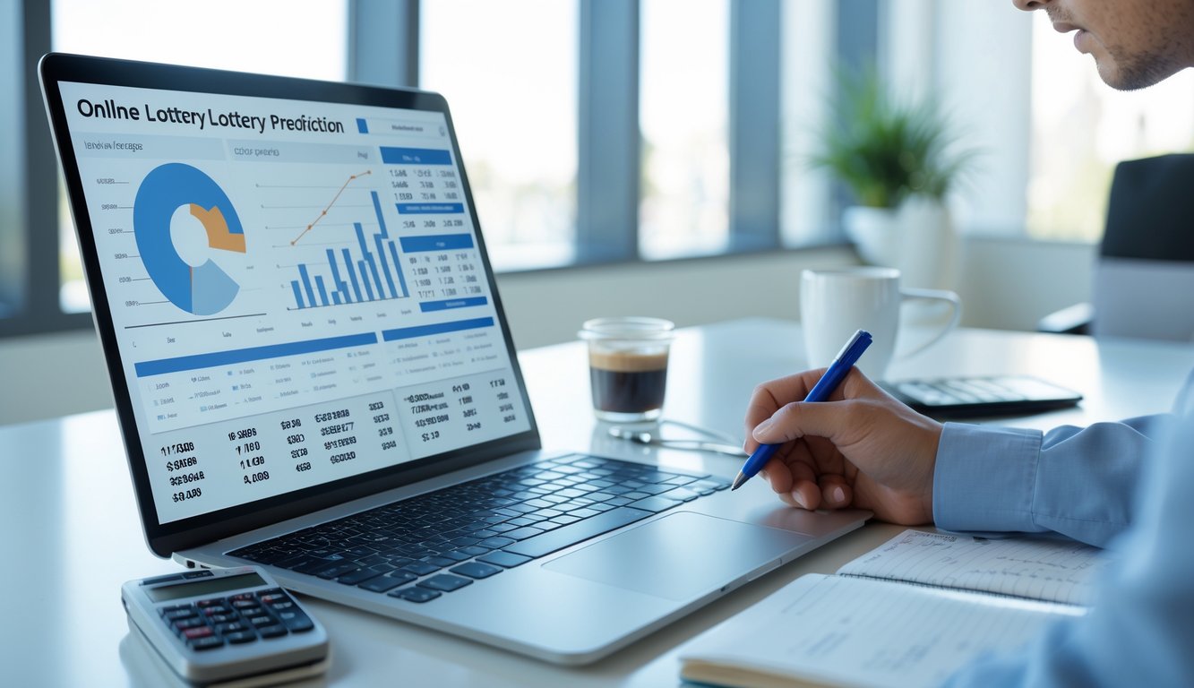 Seseorang sedang bekerja di meja dengan laptop, mencatat data dan menganalisis angka dalam suasana kantor yang terang.