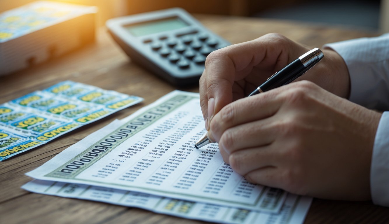 Tangan seseorang sedang menulis angka di atas kertas dengan latar belakang tiket lotre dan kalkulator di atas meja kayu.