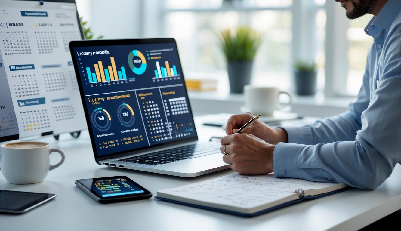 Seorang pria duduk di meja kerja dengan laptop dan tablet yang menampilkan data angka dan grafik, sedang menganalisis ramalan togel di ruang kantor yang terang dan rapi.