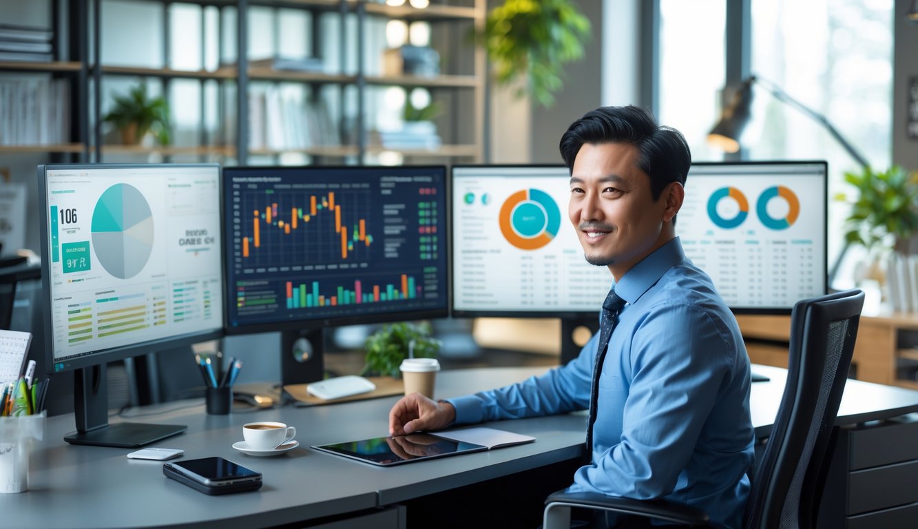 Seorang pria Asia di kantor modern sedang menganalisis data di depan beberapa layar komputer dengan grafik dan angka.