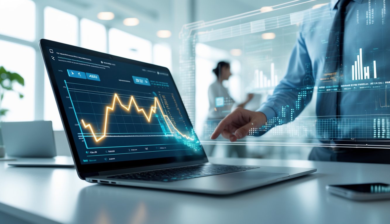 Seorang profesional sedang bekerja dengan laptop dan layar sentuh transparan yang menampilkan grafik dan angka prediksi di ruang kantor modern.