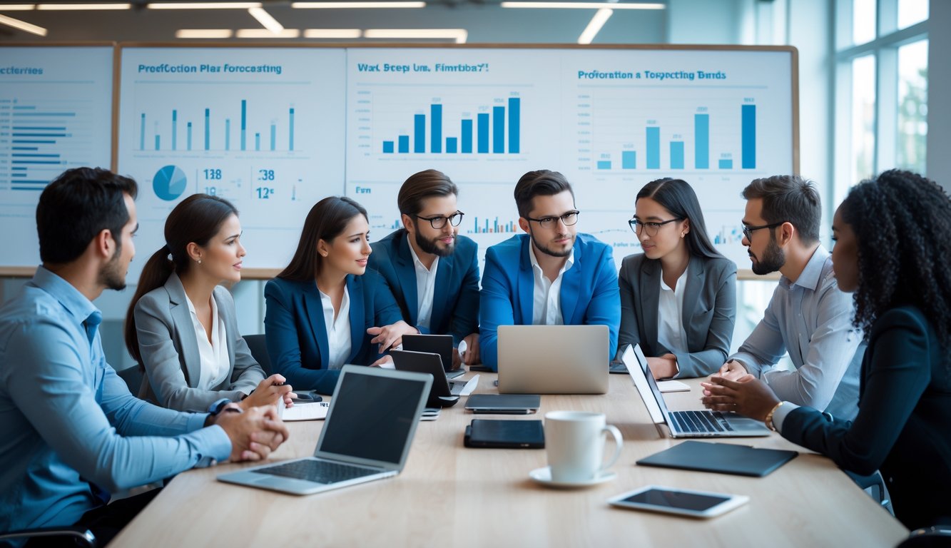 Sekelompok orang sedang berdiskusi serius di ruang kantor modern dengan laptop dan grafik di layar.