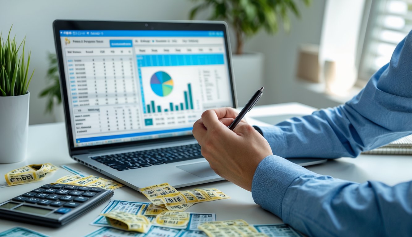 Sebuah ruang kerja dengan laptop, tiket lotre, kalkulator, dan seseorang yang sedang menganalisis data dengan serius.