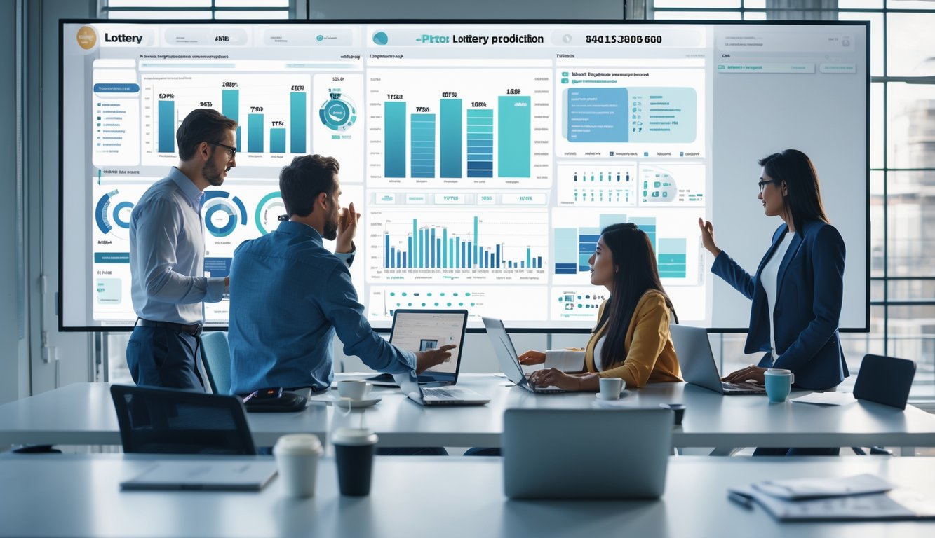 Orang-orang bekerja bersama di kantor modern dengan layar digital besar yang menampilkan grafik dan data angka.