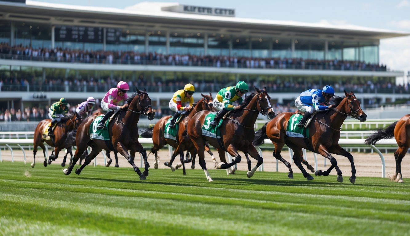 Lomba pacuan kuda dengan beberapa kuda dan joki yang sedang berlari di lintasan, penonton di tribun terlihat antusias.