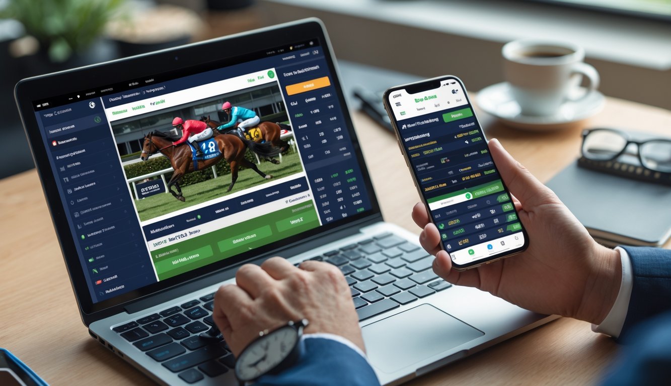 Seseorang menggunakan laptop dan ponsel untuk bertaruh pacuan kuda secara online di meja kerja.