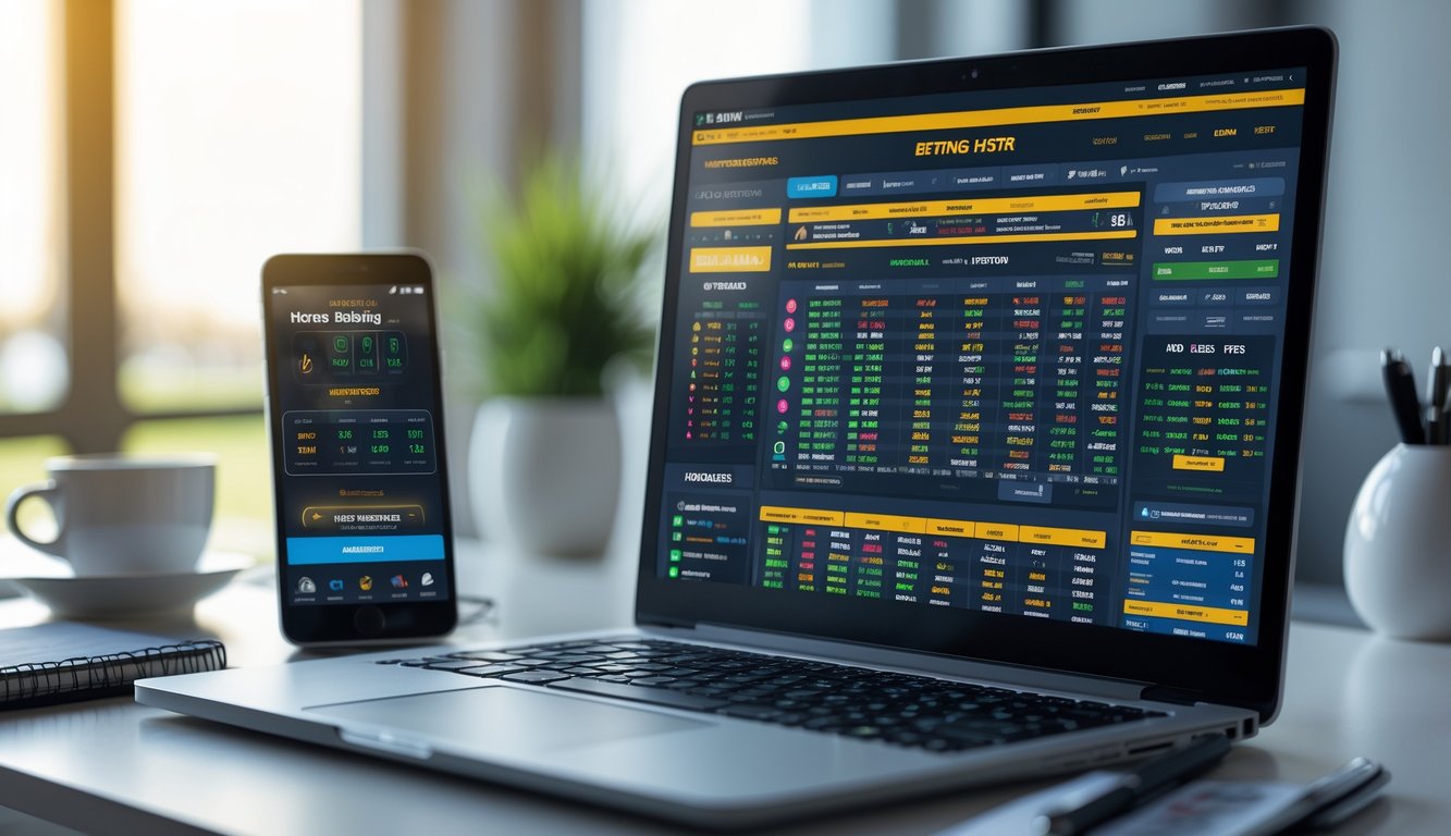 Seorang pria menggunakan laptop di meja kerja dengan tampilan taruhan pacuan kuda online dan ponsel di sampingnya.