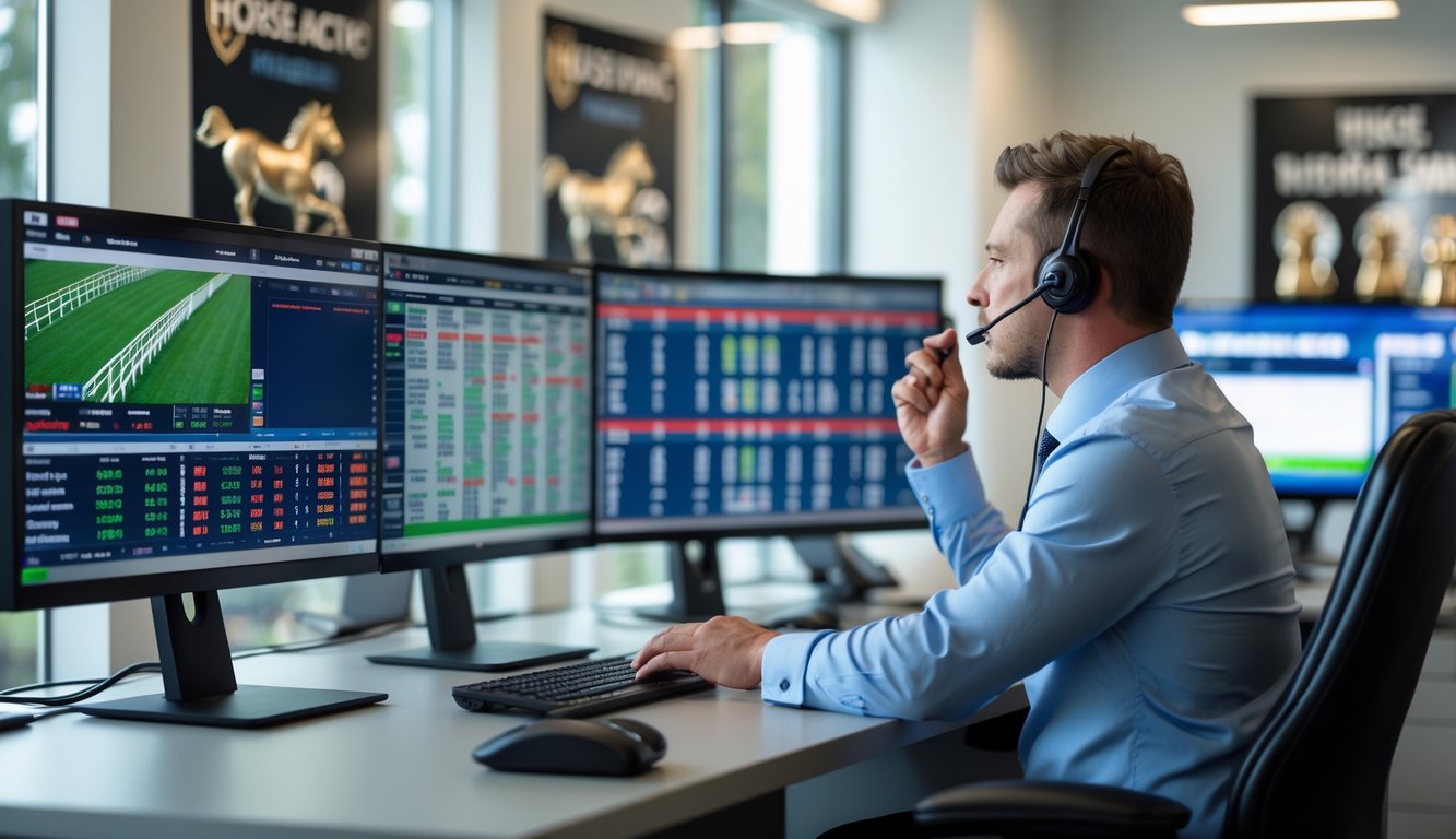 Seorang agen pacuan kuda sedang bekerja di kantor dengan komputer dan layar yang menampilkan data pacuan kuda.