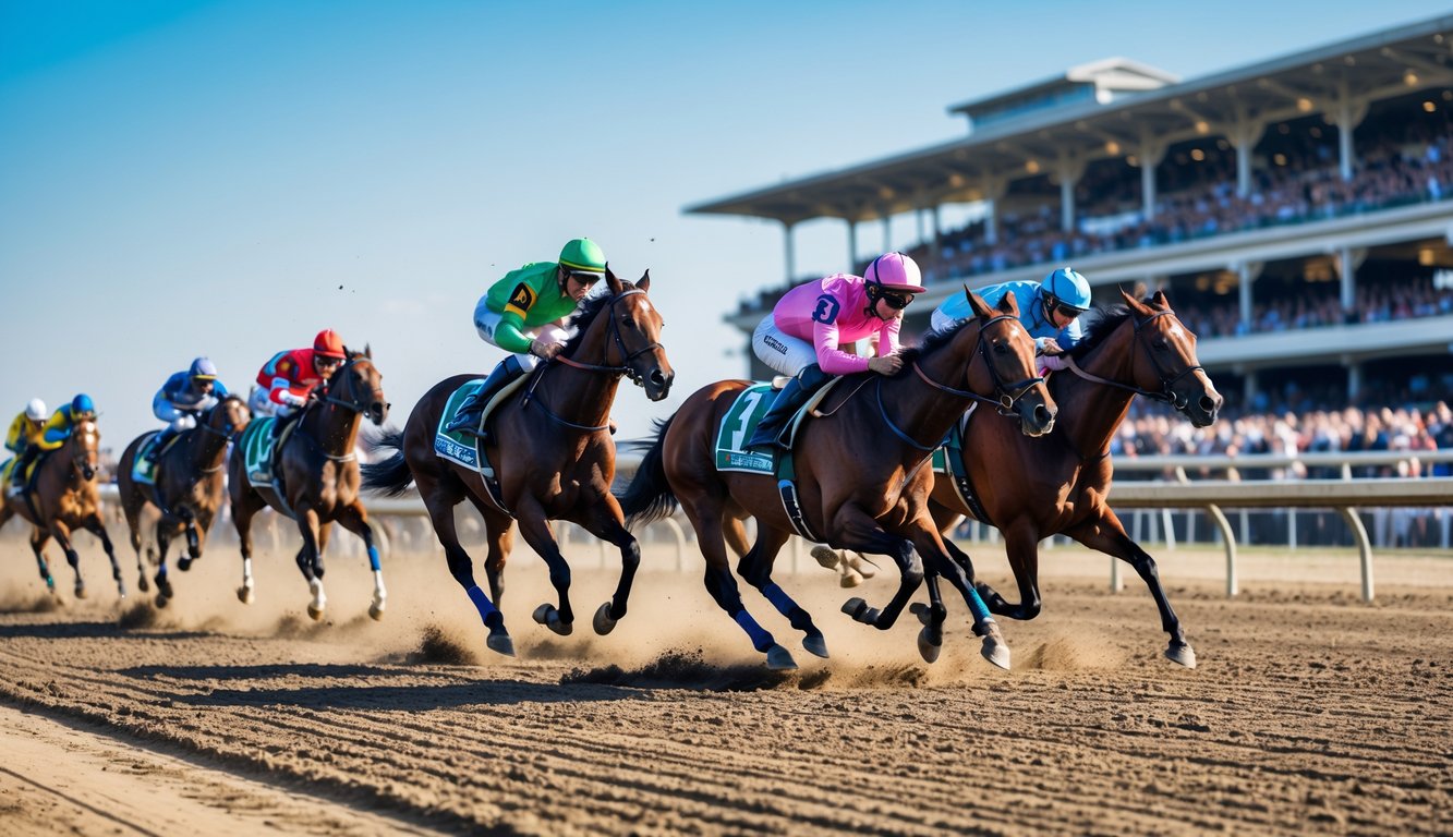 Beberapa kuda pacuan dengan joki sedang berlari cepat di lintasan balap kuda dengan penonton di tribun belakang.