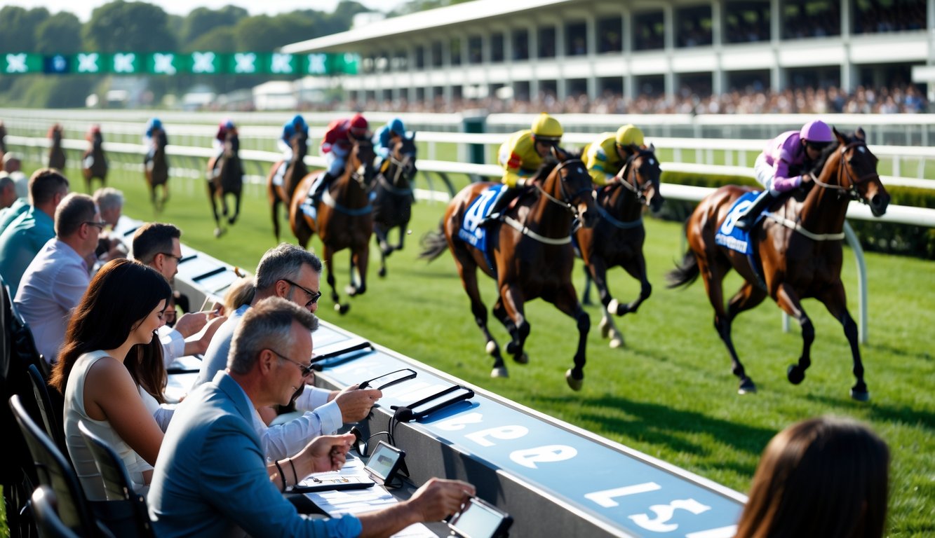 Orang-orang sedang memasang taruhan pada balap kuda dengan hadiah besar di arena balap yang ramai.
