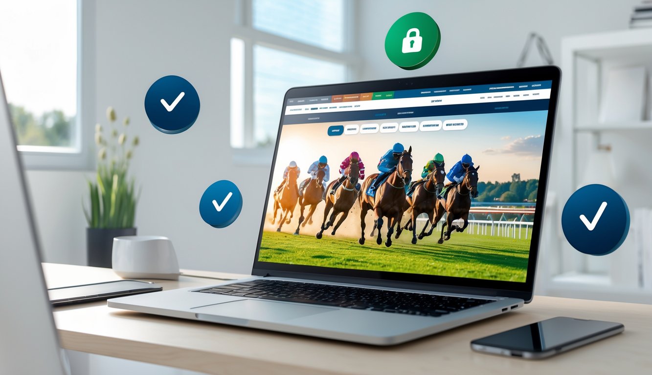 Seorang pengguna sedang melihat layar komputer yang menampilkan balapan kuda secara online dengan latar belakang ruang kerja yang rapi.