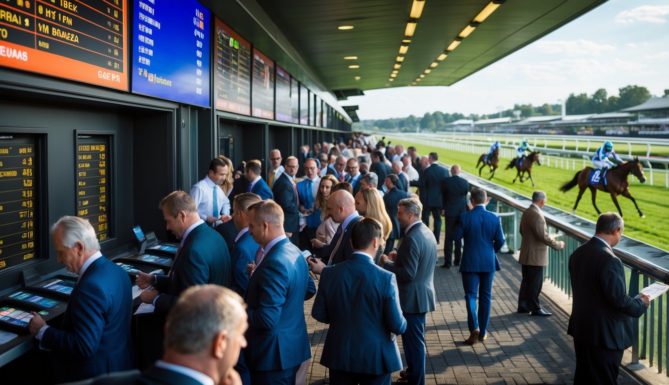 Orang-orang sedang memasang taruhan pacuan kuda di arena pacuan dengan latar belakang kuda dan joki yang sedang berlomba.