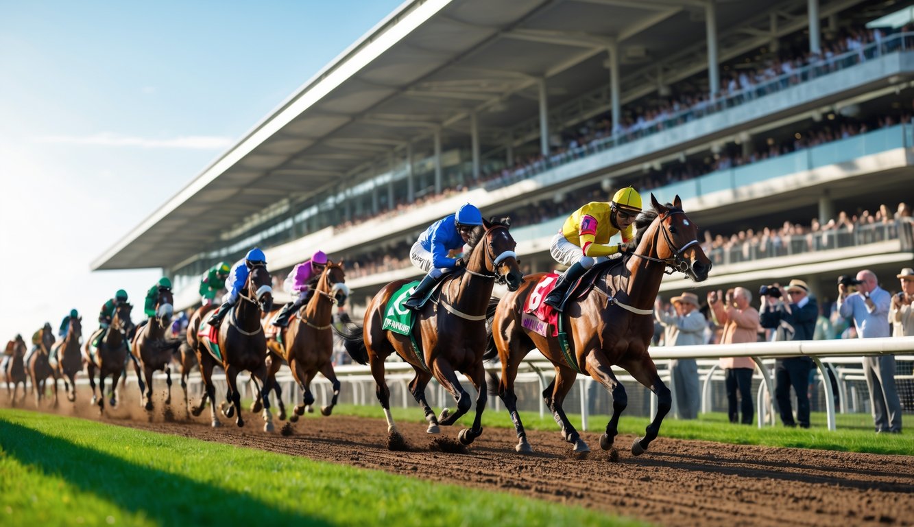 Balapan kuda dengan joki berwarna-warni berlari di lintasan dengan penonton di tribun yang antusias.