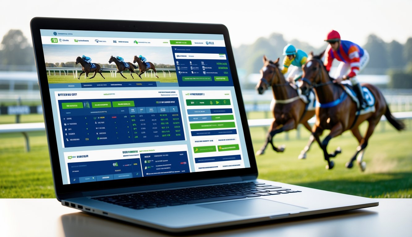 Seseorang menggunakan komputer dengan layar yang menampilkan situs taruhan balap kuda online, dengan latar belakang balapan kuda yang sedang berlangsung di arena balap.