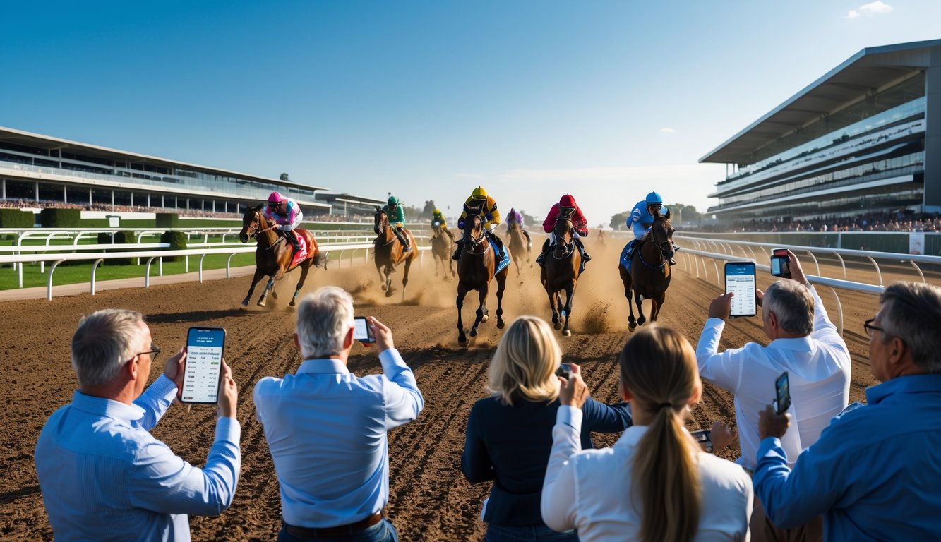 Lomba pacuan kuda dengan para joki berlari kencang dan penonton yang antusias mengamati taruhan balap kuda.
