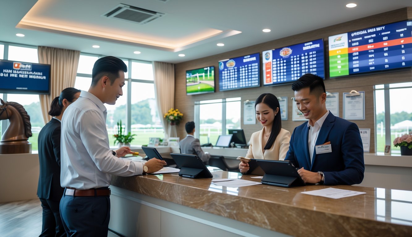 Suasana dalam kantor agen judi balap kuda resmi di Indonesia dengan petugas melayani pelanggan dan layar digital menampilkan informasi balapan kuda.