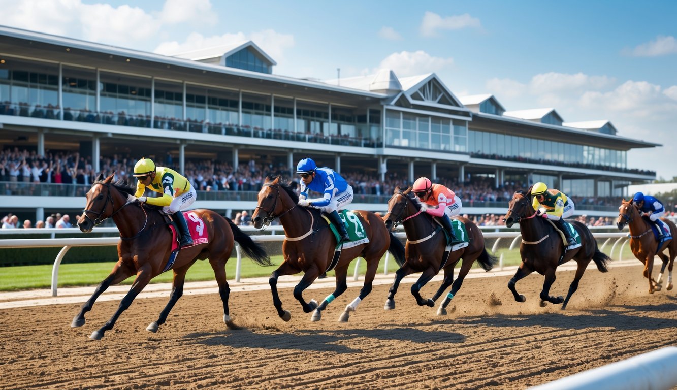 Beberapa kuda pacuan sedang berlari cepat di lintasan dengan joki mengenakan pakaian warna-warni, di depan tribun penonton yang penuh semangat.