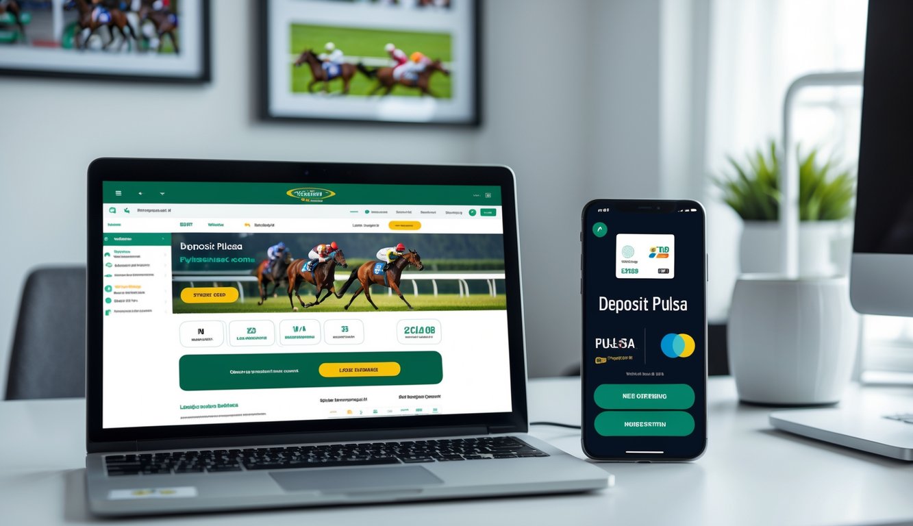 Meja kerja dengan laptop dan ponsel yang menampilkan aplikasi taruhan balap kuda online dan pembayaran menggunakan pulsa.