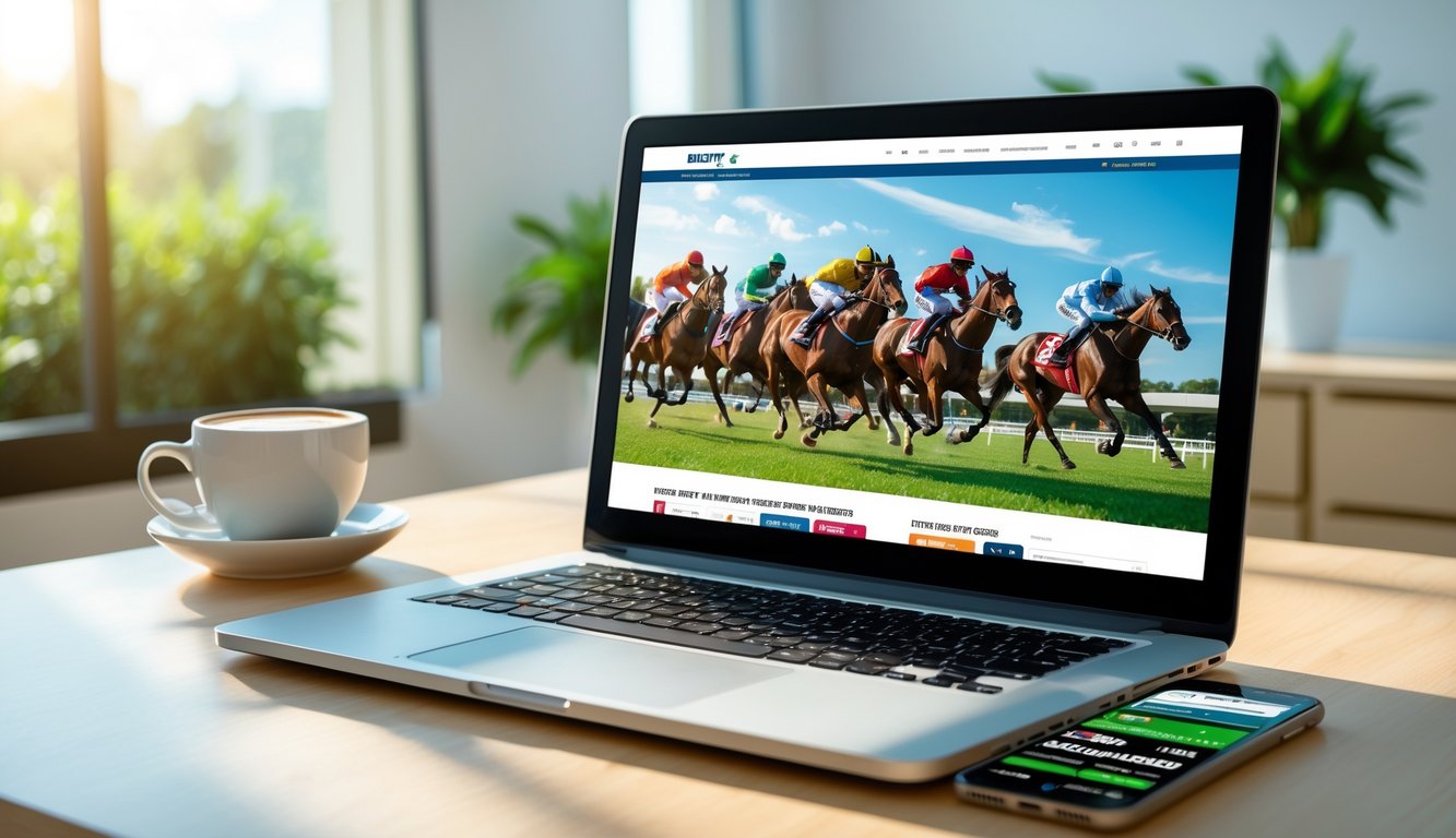 Layar laptop menampilkan balapan kuda berlangsung di trek, dengan beberapa kuda dan joki yang sedang berlomba, di meja kayu dengan secangkir kopi dan ponsel di sampingnya.