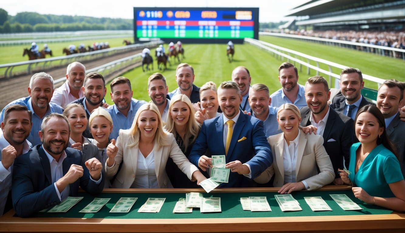 Seorang bandar balap kuda dan para petaruh merayakan kemenangan besar di arena balap kuda yang ramai.