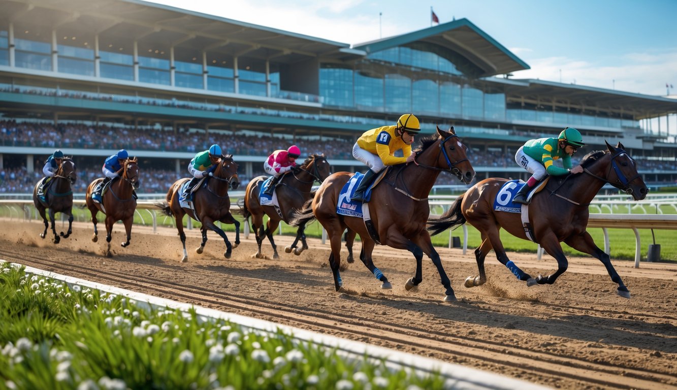 Beberapa kuda pacuan dengan joki berwarna-warni sedang berlari cepat di lintasan pacuan kuda dengan tribun penuh penonton di latar belakang.
